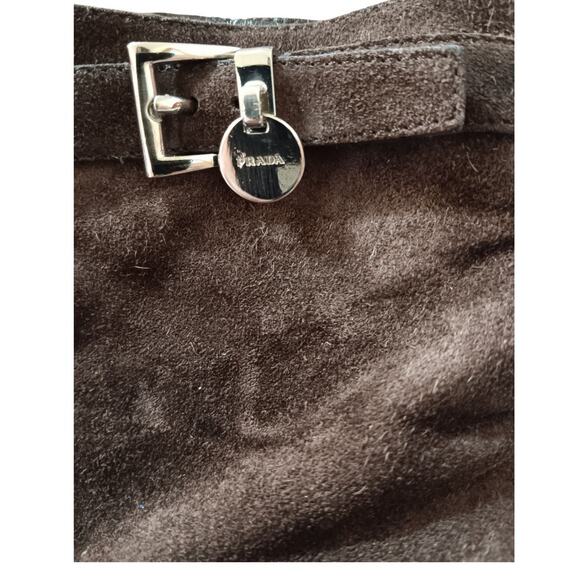 Y2K Vintage PRADA Kitten Heel Suede Boots 37 6.5 Square Toe Brown 2000's Buckle - Picture 3 of 14